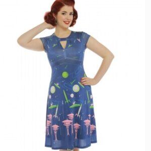 Lindy Bop 'Juliet' Blue Space Dog Print Dress TOMORROWLAND JETSON 50s VIBES US 8